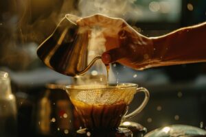 Man brewing strong coffee at home using fresh ground beans and pour-over method